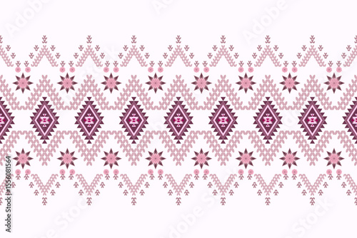 Ikat cross stitch geometric embroidery seamless knitted pattern on damask background. Perfect decorative design for sweater, fabric, decoration, illustration, ornament, texture, textile, interior