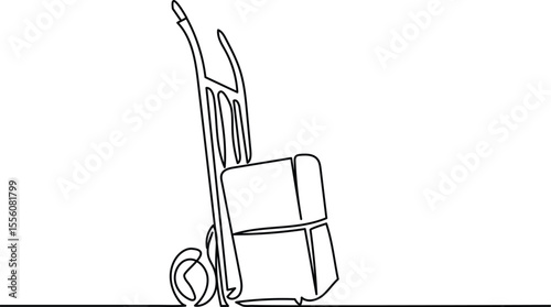 Continuous line drawing of hand trolley for luggage Single line illustration of hand truck boxes. Shipment and logistic concept. Editable stroke