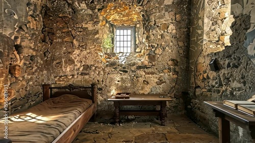 Old stone monastic cell interior with rustic bed, open holy book and religious icons on the walls. Concept of solitude, ascetic lifestyle, historical religious heritage, medieval spirituality