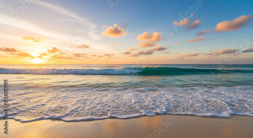 Serene landscape photo of sunrise on sandy tropical coastline, crystal-clear turquoise ocean waves, pastel clouds, high-resolution detail ideal for travel themes.