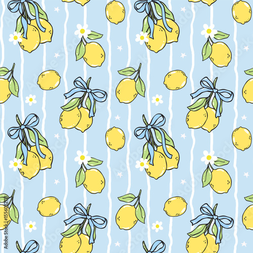 Coquette girly lemons seamless pattern with blue ribbon bow in hand drawn on stripe background for summer kitchen decor or digital fabric paper
