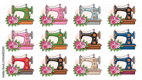A set of 12 vintage sewing machine illustrations arranged in a 3x4 grid. Each sewing machine is decorated with a floral arrangement featuring pink and red roses with green leaves .