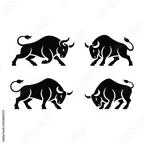 Stylized black bull illustrations representing power strength and financial markets