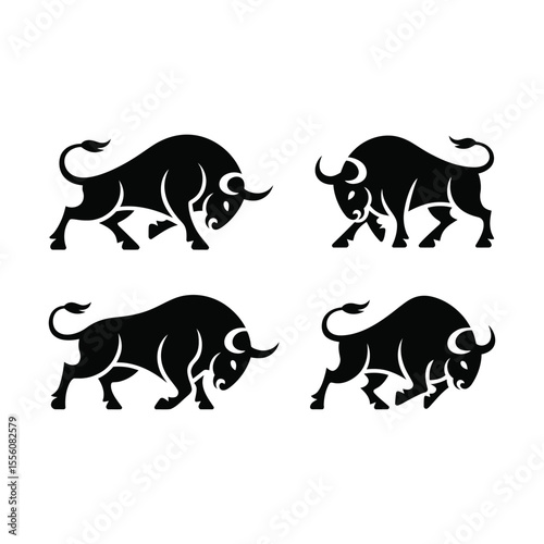 Silhouetted black bull logos in various poses set against a clean white background for branding