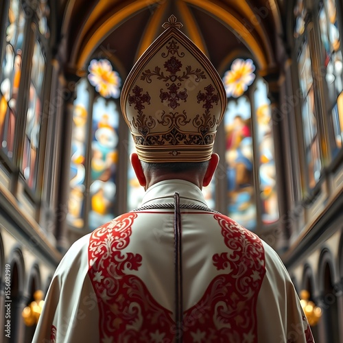 catholic pope wearing mitre standing In church