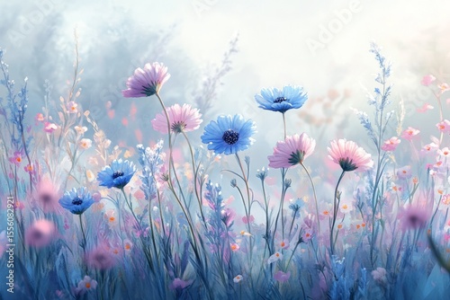 Enchanting Floral Dreamscape: A Delicate Dance of Blue and Pink Cosmos Flowers in a Serene, Watercolor-Inspired Meadow Landscape, Bathed in Soft Light