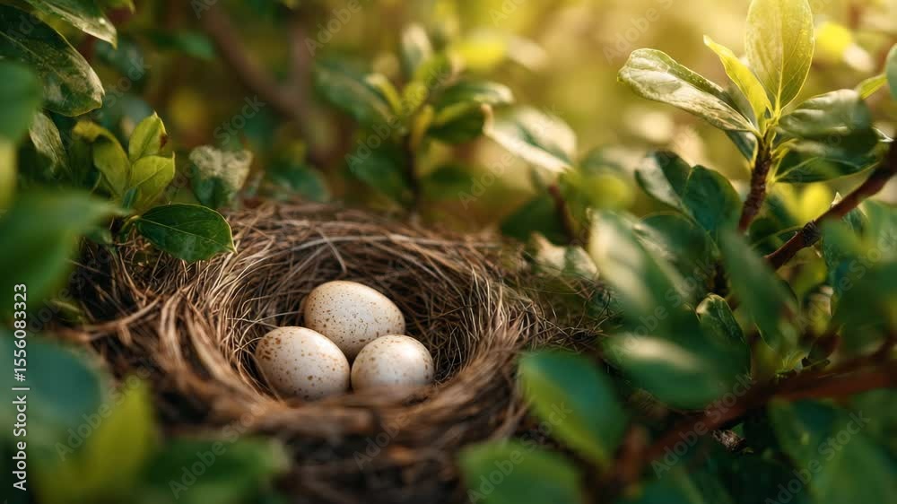 A nest made of twigs and grass holds three speckled eggs, surrounded by vibrant green leaves under warm sunlight in a tranquil outdoor area. The scene invites calmness and nature appreciation