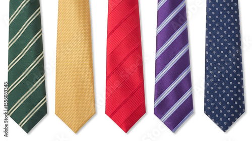 A set of five formal neck ties arranged horizontally against a white background.
