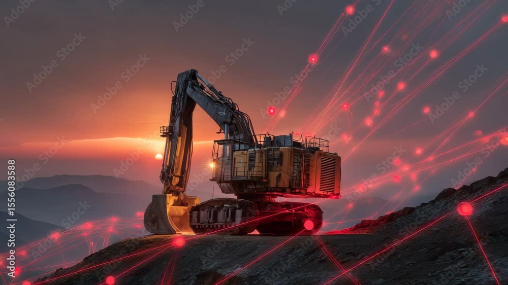 An excavator operates at sunset over a mountainous terrain, with vibrant colors illuminating the sky. Digital connection symbols radiate from the machine, enhancing its technological presence