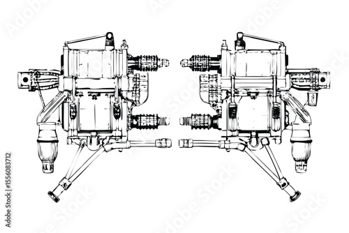 Rocketpack Blueprint in Stipple Ink Style. Vintage Personal Jet Pack Technical Drawing. Retro-Futuristic Engraving