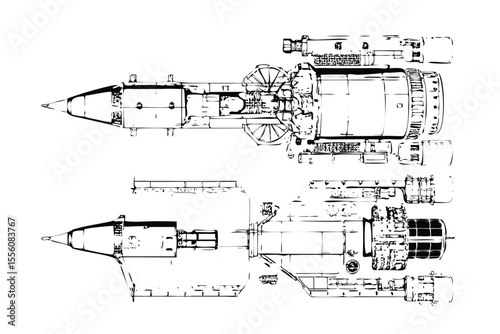 Cold War Rocket Blueprint in Stipple Ink Style. Vintage Two-Stage Missile Technical Drawing. Aerospace Manual Engraving
