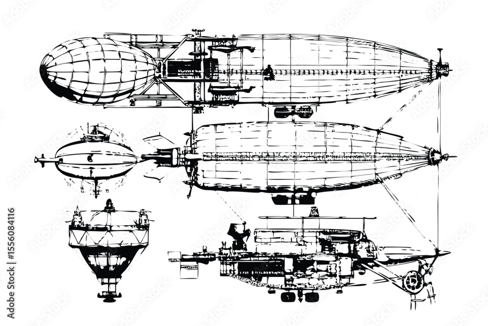 Obraz premium Steampunk Airship Blueprint in Stipple Ink Style. Fictional Dirigible Technical Drawing. Vintage Mechanical Engravin