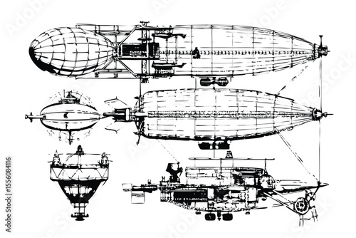  Steampunk Airship Blueprint in Stipple Ink Style. Fictional Dirigible Technical Drawing. Vintage Mechanical Engravin