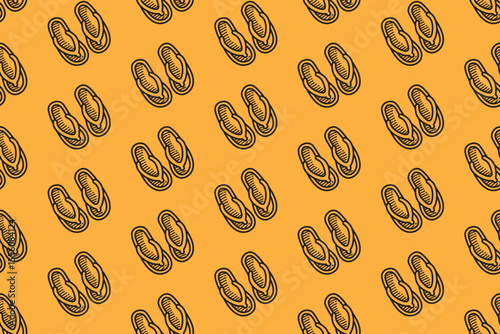 summer slippers retro doodle seamless pattern on yellow background for packaging and merchandise. hand-drawn flip flops sandal illustration motif wallpaper. beach footwear engraving pattern background