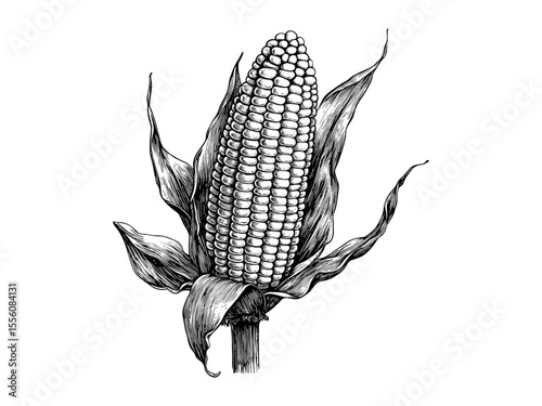 Vintage engraved fall corn, seasonal harvest vegetable, hand-drawn retro sketch, Thanksgiving decor, autumn illustration, old engraving style, rustic farmhouse art, harvest celebration