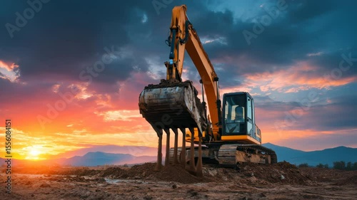 Heavy machinery operates in a stunning landscape near sunset, showcasing an excavator digging into the earth as vibrant colors light up the sky in the background