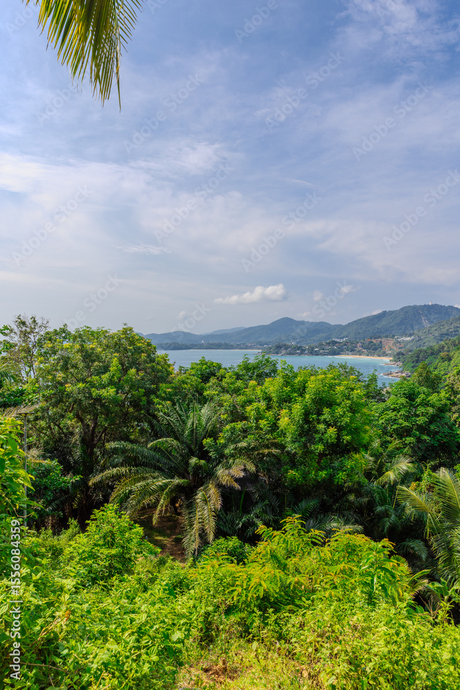 Fototapeta premium Views through lush green trees and palms over looking Kata and Kata Noi on the beautiful island of phuket in Thailand with lush green mountains and turquoise blue waters of the Andaman Sea