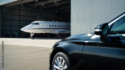 An elegant black car is parked in front of a large hangar, with a private jet visible inside. The setting suggests preparation for a high-end journey. Bright sunlight shines in the background
