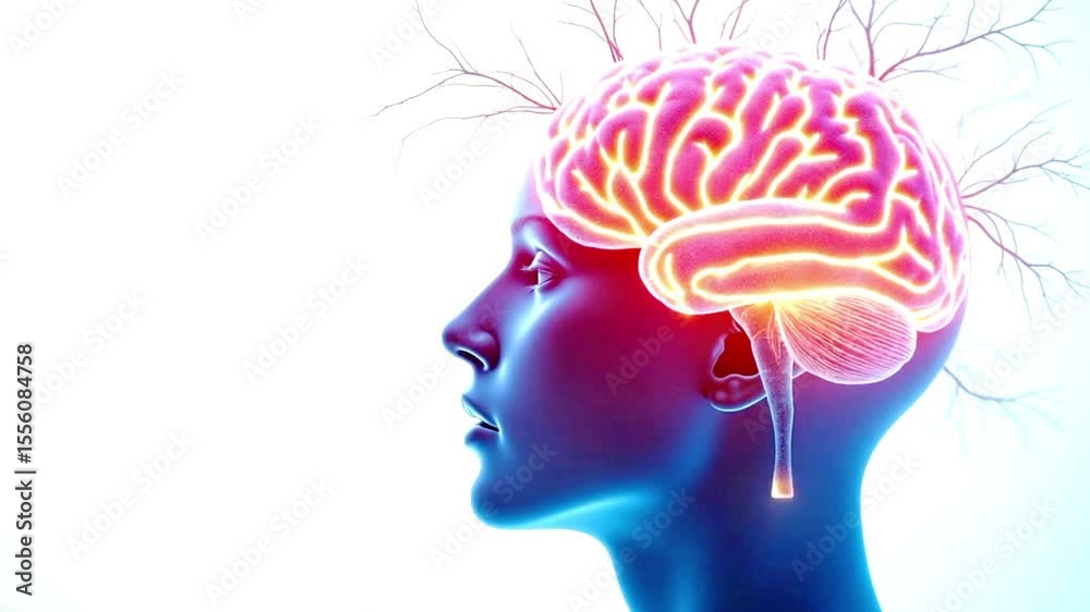 human head brain. human head with brain. Head, brain lit up, neural connections, head tissues moving
