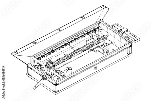 Steampunk Coffin Trap Blueprint in Stipple Ink Style. Fictional Mechanical Device Technical Drawing. Vintage Engraving