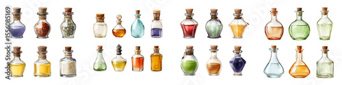 Set of Watercolor Magic Potion Bottles Isolated on White Background