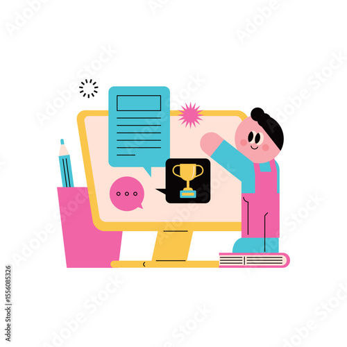 Online learning and achievement concept 
Computer desk. Elementary school class.
