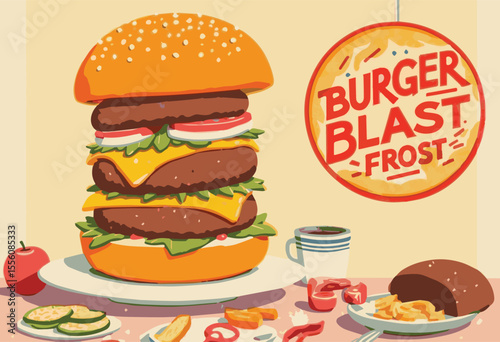 Vector illustration of a delicious cheeseburger with beef, cheese, lettuce, tomato, and bun in vintage style. Perfect for fast food menus, restaurant signs, sandwich designs, and dinner promotions.


