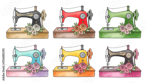 A set of six vintage sewing machine illustrations arranged in two rows. Each machine is drawn in a decorative, artistic style with a wooden base and floral arrangements .