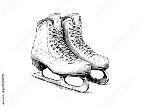 Vintage engraved ice skates, winter sports illustration, hand-drawn cold weather icon, old engraving style, trendy retro holiday decor, Christmas winter gift idea, seasonal design