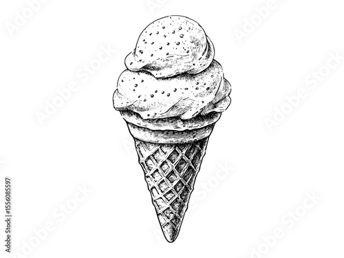 Vintage summer ice cream cone engraving, black ink hand-drawn sketch, trendy dessert icon, seasonal sweet treat, retro style illustration, classic nostalgic food art, old engraving design