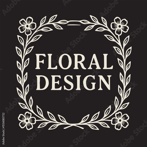 Elegant Botanical Wreath Frame with Cream Flora and Leaves on Black Backdrop
