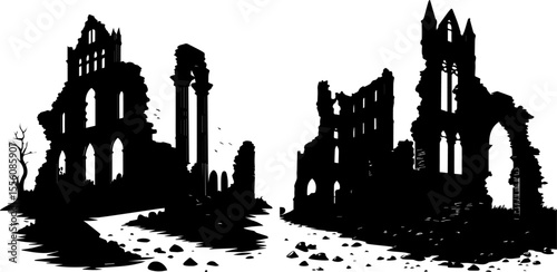 Gothic Ruins Silhouette. Vector of Abandoned Medieval Castle or Abbey with Crumbling Walls. Spooky and Mysterious Black Architecture Outline