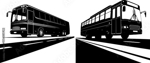 Black and White Vector Silhouette of a Bus on a Road - Travel and Urban Transportation