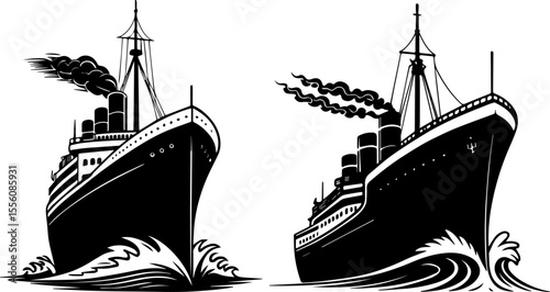 Black and White Vector Illustration of a Vintage Ocean Liner - Classic Cruise Ship and Sea Travel
