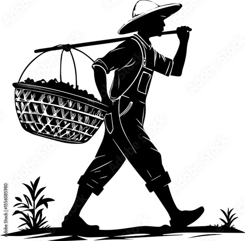 Silhouette Vector of a Farmer Carrying a Basket on a Shoulder Pole - Agriculture and Harvest