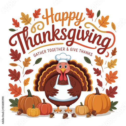 Thanksgiving Turkey Feast: A festive Thanksgiving illustration. A charming turkey chef stands proud amidst pumpkins and autumn leaves, creating a warm.