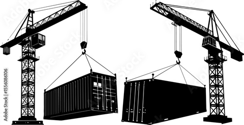 Industrial Port Crane Lifting a Shipping Container - Logistics and Global Trade Silhouette Vector