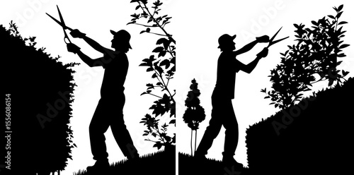 Gardener Trimming a Hedge with Shears - Silhouette Vector Illustration