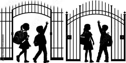Silhouettes of Children with Backpacks Entering School Gates - Back to School, Education and Childhood Concept