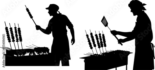 Street Food Vendor Grilling Skewers - Barbecue Cook Silhouette