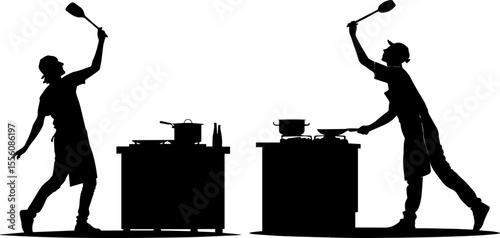 Energetic Chefs Cooking in Kitchen - Culinary Professionals Silhouettes