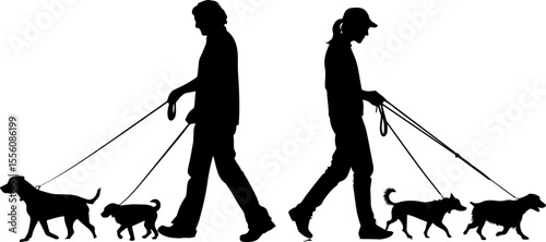 People Walking Dogs on Leashes - Set of Pet Owner Silhouettes