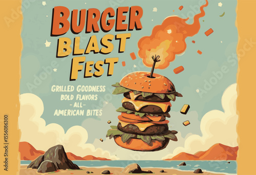 Vector illustration of a delicious cheeseburger with beef, cheese, lettuce, tomato, and bun in vintage style. Perfect for fast food menus, restaurant signs, sandwich designs, and dinner promotions.


