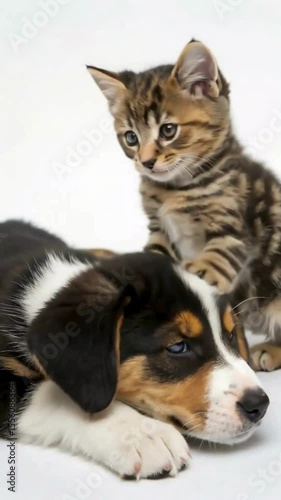 Puppy and kitten close-up interaction. Friendly puppy with patterned kitten. Gentle pet bonding video.
