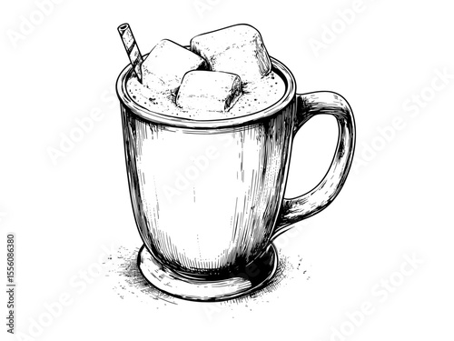 Cozy winter cocoa mug illustration, vintage black sketch, retro holiday decor, seasonal warm beverage, trendy engraving style, hand-drawn art, rustic Christmas motif, festive coffee cup