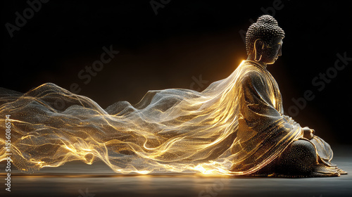 Golden statue of Buddha with flowing energy, symbolizing peace and tranquility. intricate details and luminous aura create serene atmosphere, inviting reflection and meditation