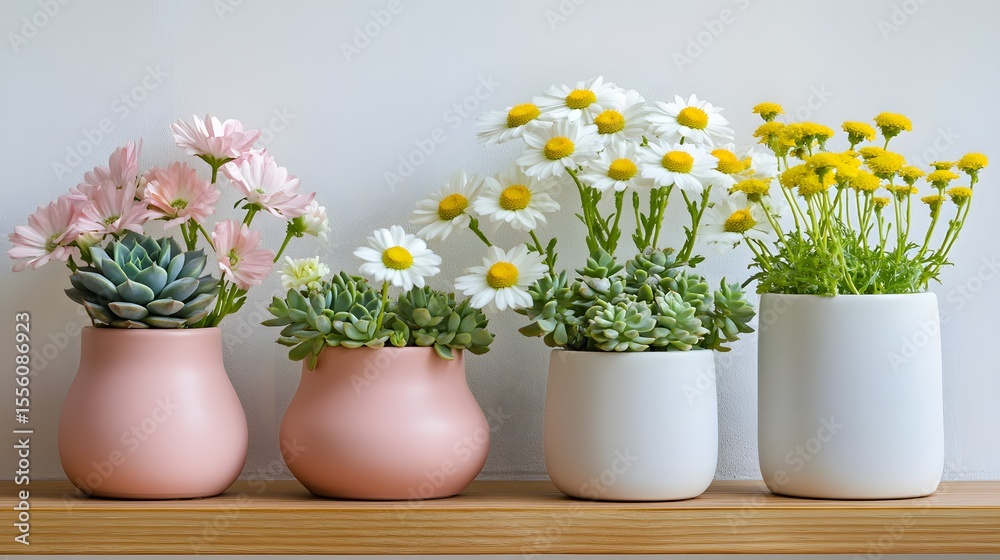 Vibrant Succulents and Daisies in Pastel Pots Vibrant Succulents and Daisies in Pastel Pots