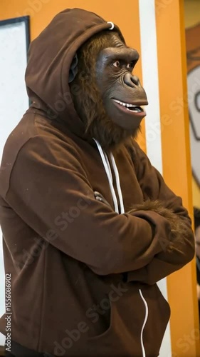 Cartoon gorilla in brown hoodie digital art. Friendly gorilla character illustration. Strong gorilla in vibrant orange background.
