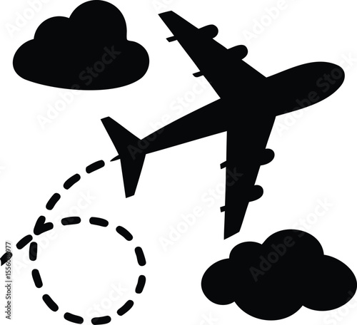 Silhouette of an airplane soaring through the sky with clouds and a looping flight path, symbolizing travel, adventure, and the freedom of aviation exploration