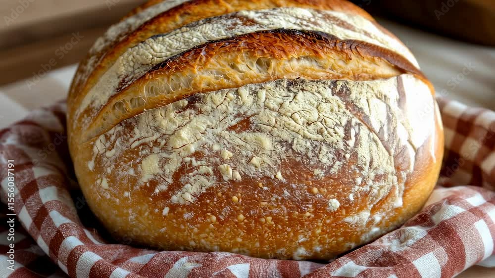 Close-up of freshly baked rustic round bread with a golden crust. Homemade and natural food.